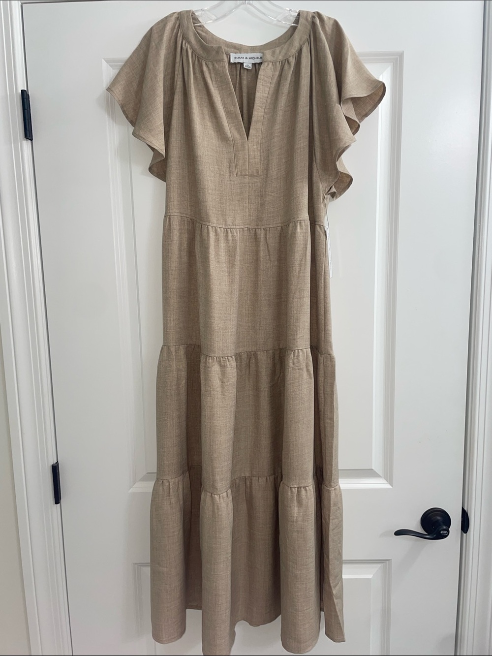 NWT Emma and Michele Taupe Tiered Flutter-Sleeve Maxi Dress